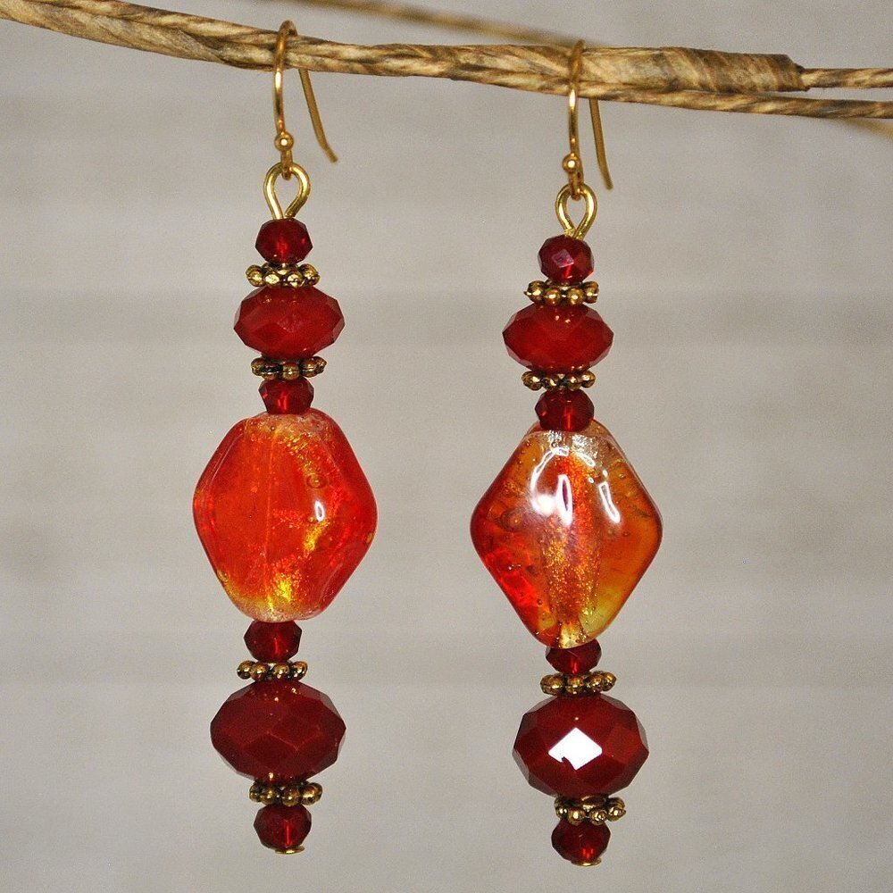 Fiery Red & Orange Murano Glass & Crystal Beaded Earrings Handmade​​​​